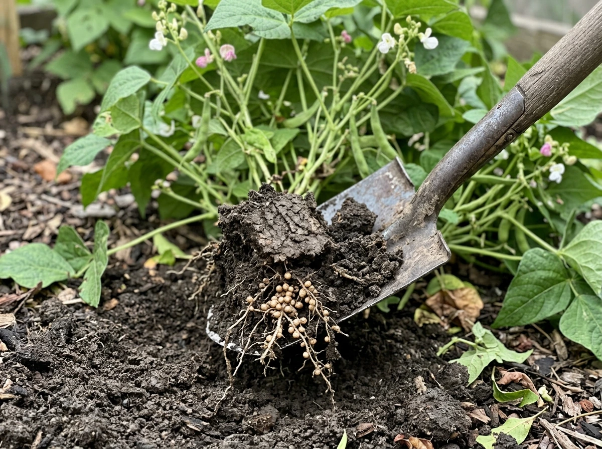Bean roots showing nitrogen-fixing nodules after digging up plant