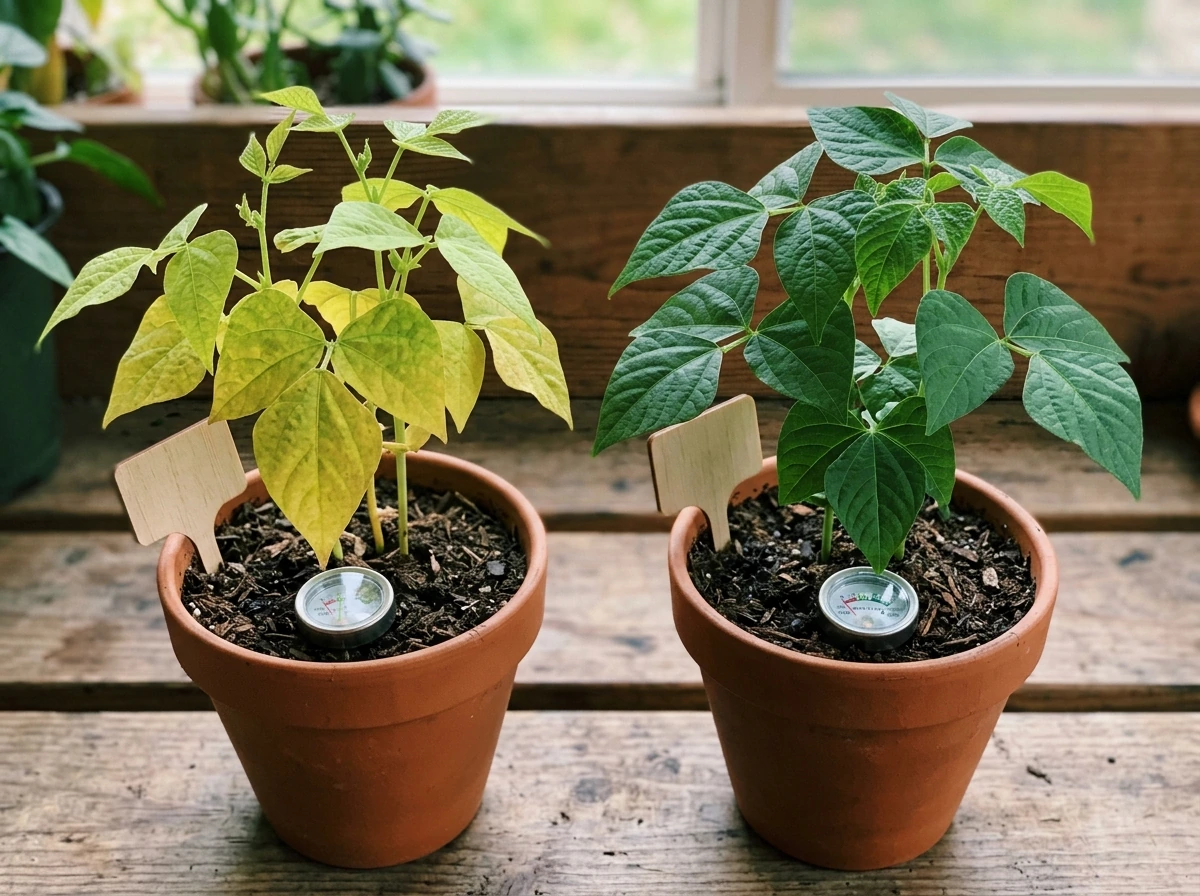 Comparison of bean plants showing nitrogen deficiency yellowing