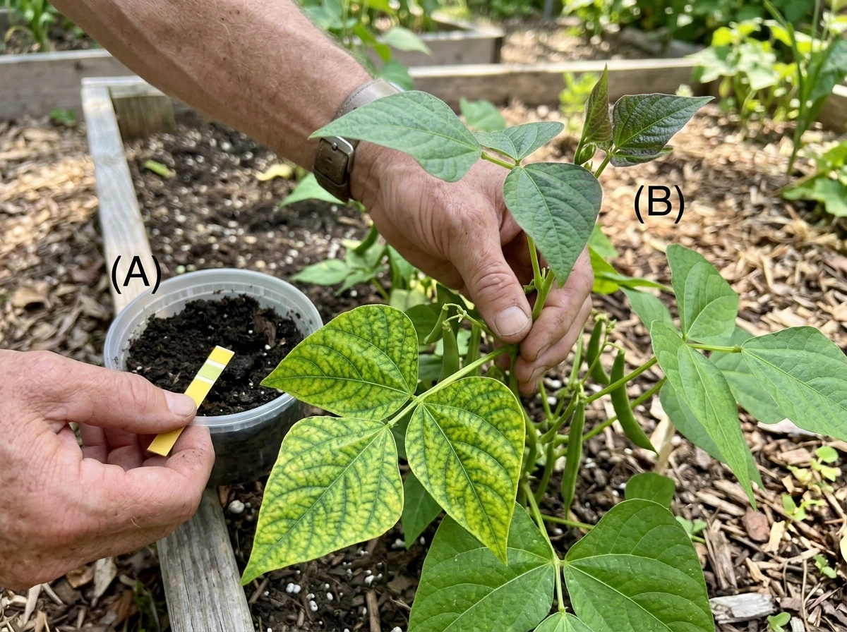 Bean symptoms on lower vs upper leaves with soil sample for checking