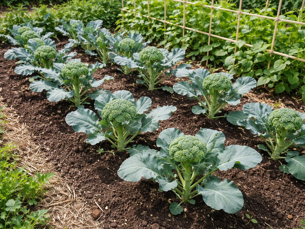 Mixed garden bed with spaced broccoli plants and nearby green beans on a simple trellis