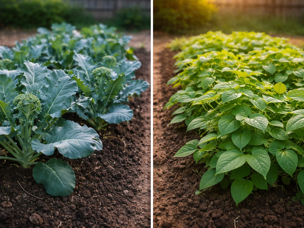 Side-by-side garden beds with broccoli on one side and green beans on the other.