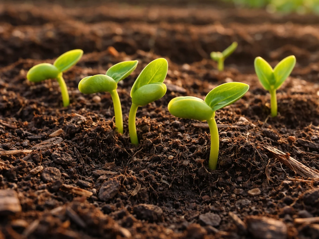 Close-up of green bean seedlings emerging from warm soil with mulch, softly lit by natural light.