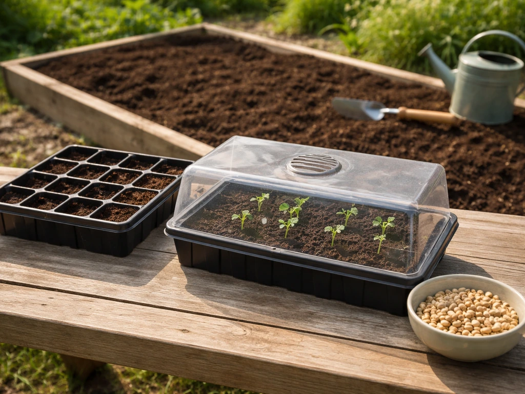 Broccoli seedlings in indoor trays beside dry bean seeds and a sunlit garden bed, staggered planting timing.