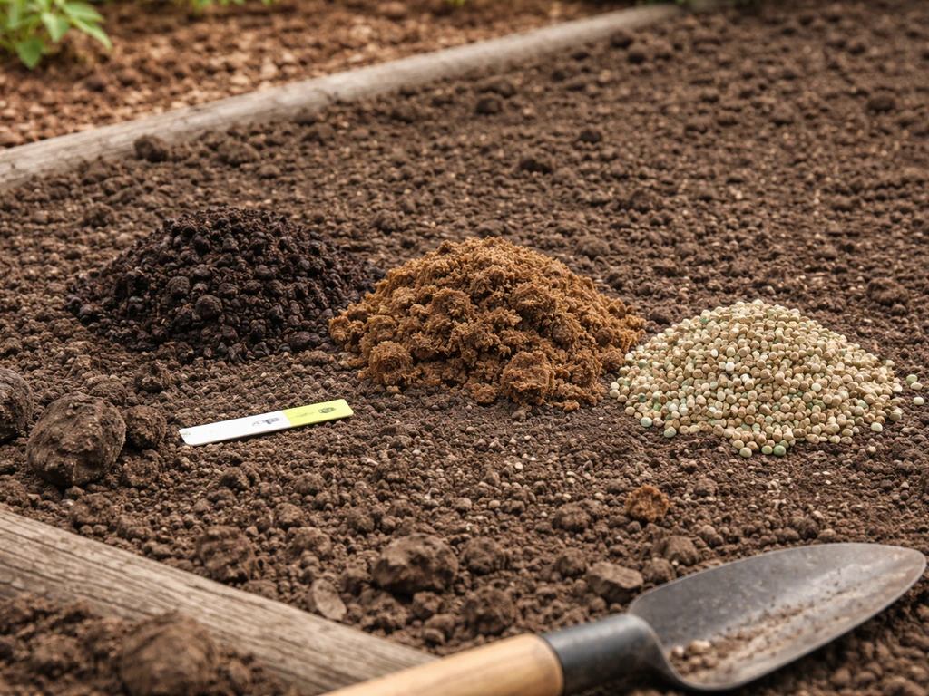 Garden bed with pH test strips and neatly arranged compost, manure, and slow-release fertilizer.