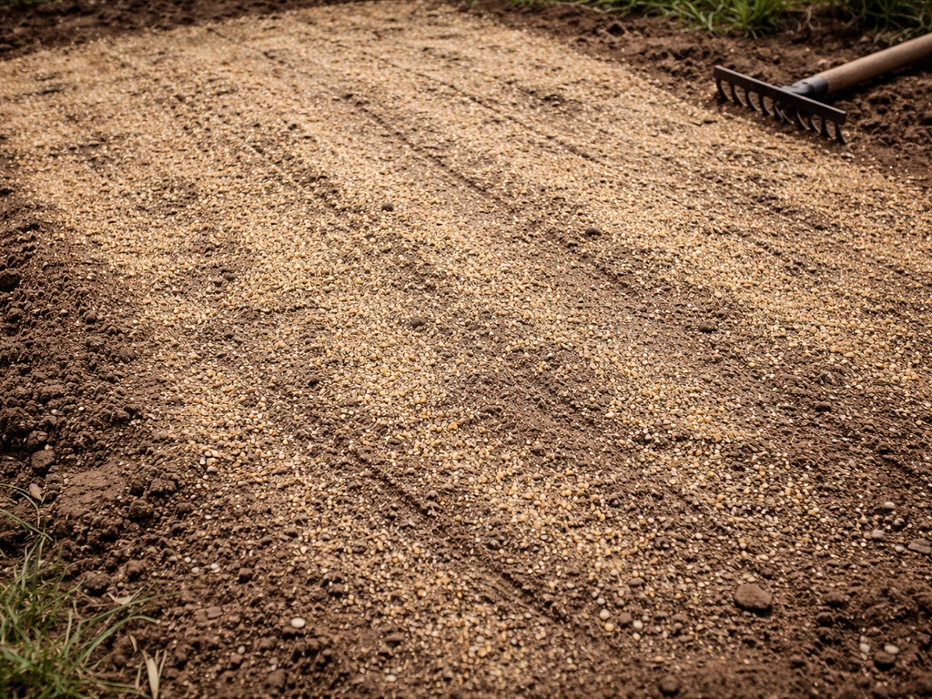 Seeds scattered over a lightly prepared garden bed with raked soil contact cues for throw-and-grow.