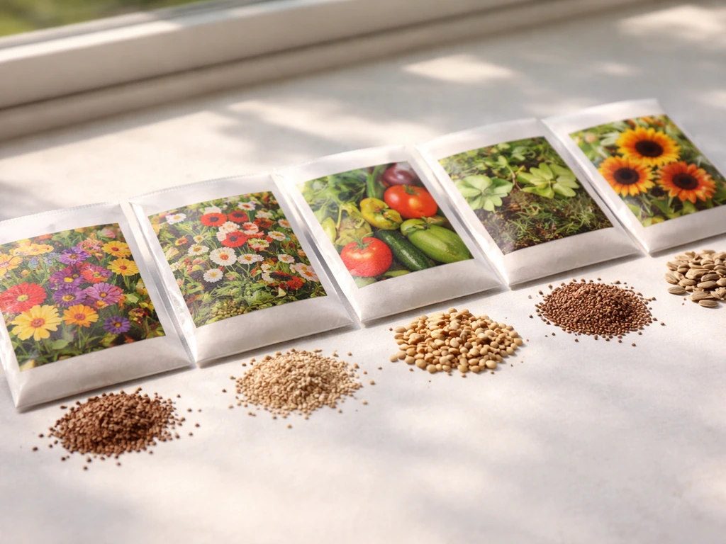 Close-up of seed packets and loose seeds laid side-by-side in a bright garden setting