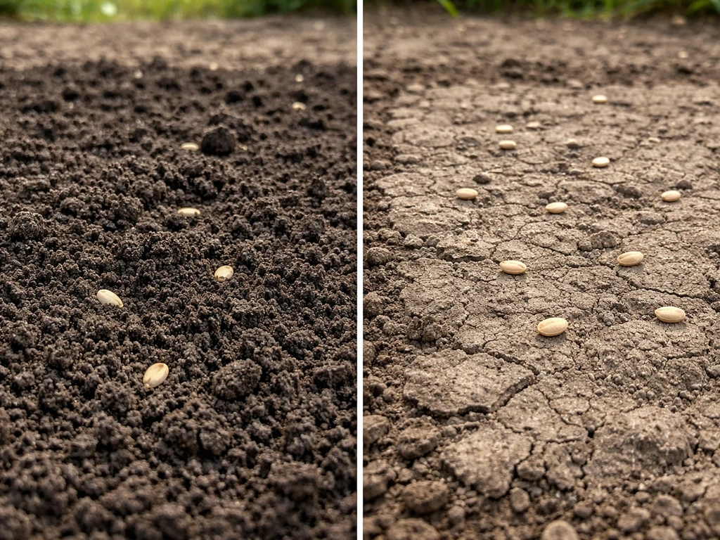 Side-by-side photo of loose soil with seeds nestled vs clay crust with seeds resting on top.