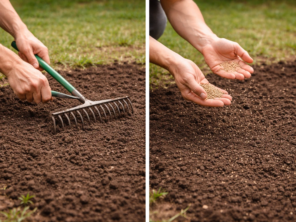Person raking lightly then broadcasting seed over prepared soil in a cleared yard