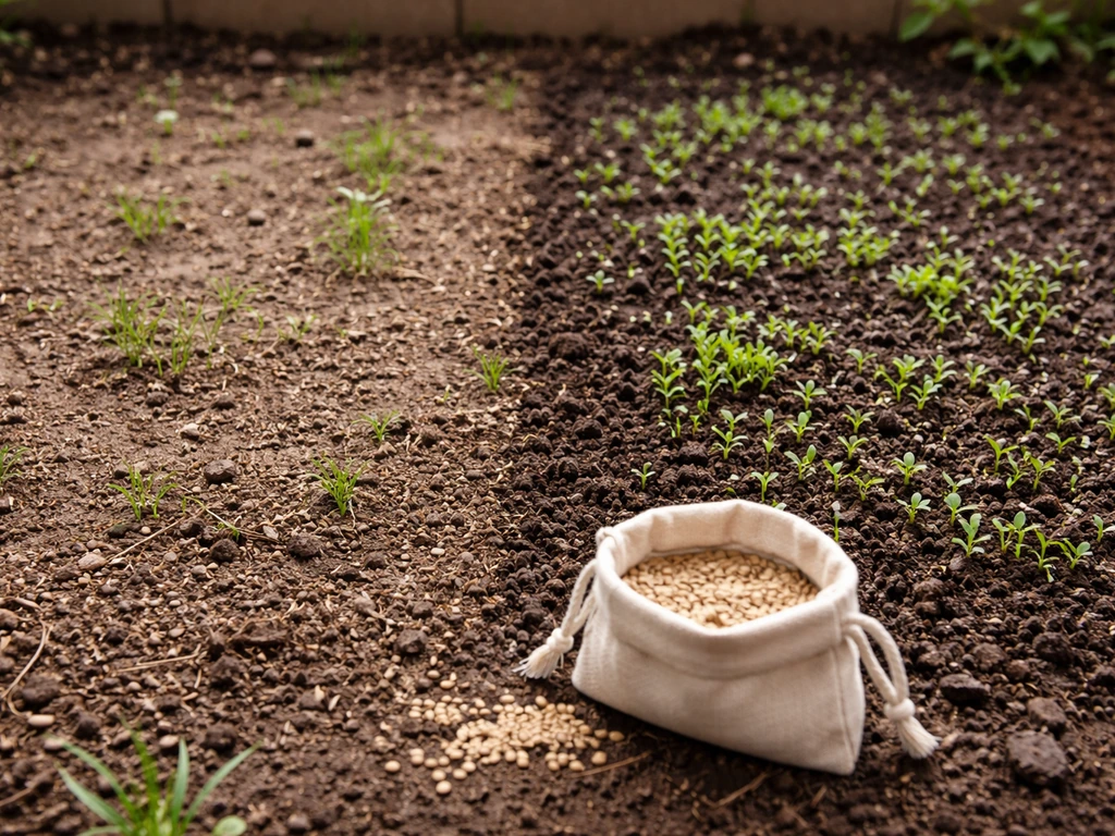 Garden bed with a failing patch beside a reseeded section; a measuring scoop/tote bag with loose seeds.