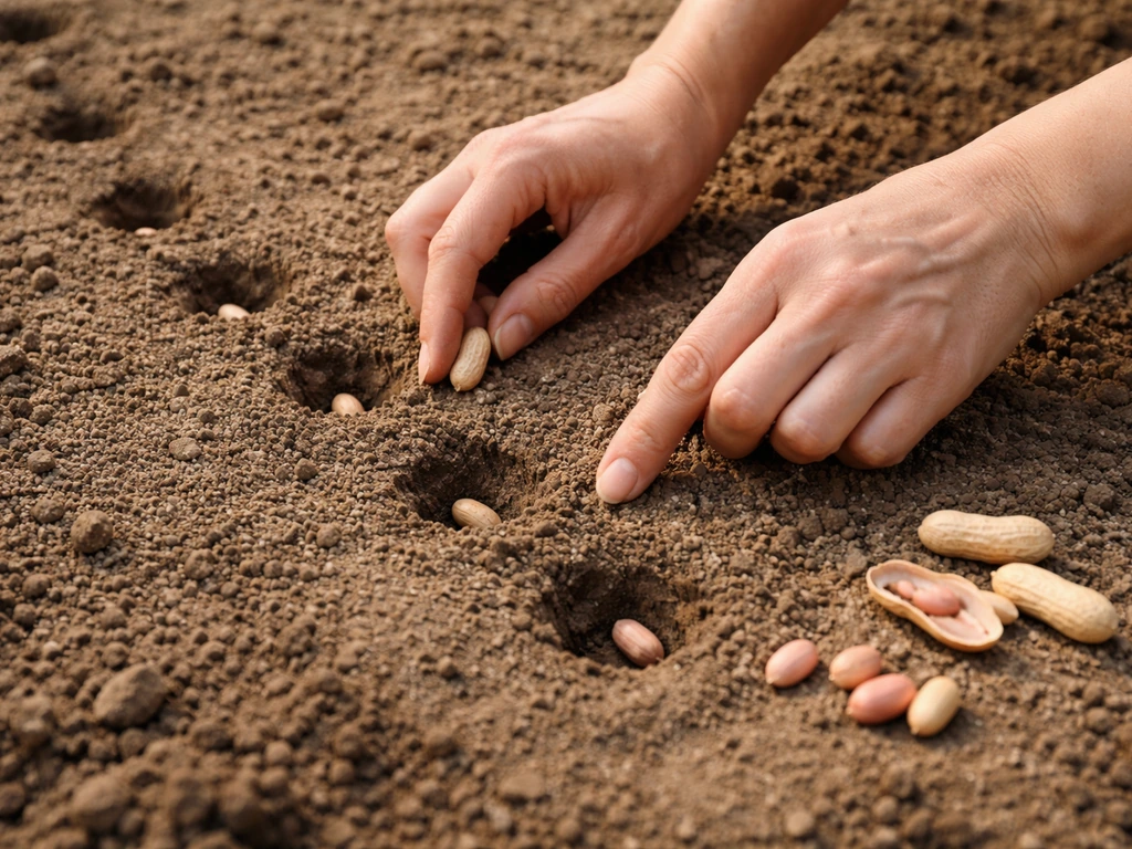Hands placing peanut seeds in rows in loose sandy soil bed with space between holes