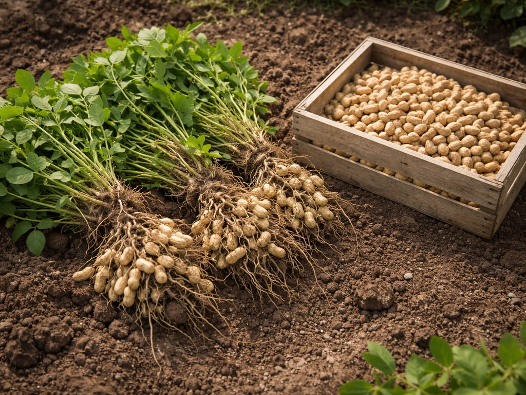 Freshly dug peanut plants with pods and roots laid out to cure, then stored in a ventilated container.