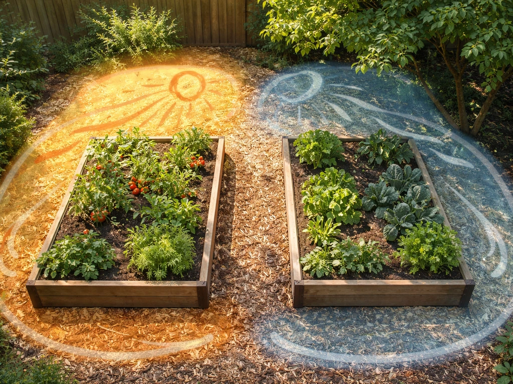 Overhead backyard garden beds showing sunlit and shaded areas for cool and warm crops