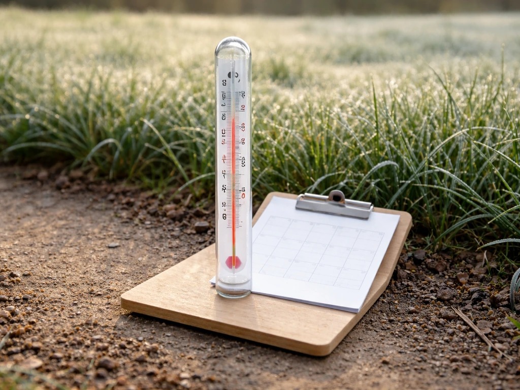 Garden thermometer beside a clipboard; frost-covered grass and a small calendar page in the background.