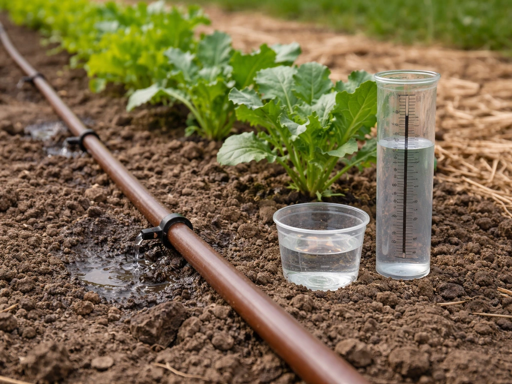 Drip irrigation running in a vegetable garden with a rain gauge and measuring cup beside the bed.