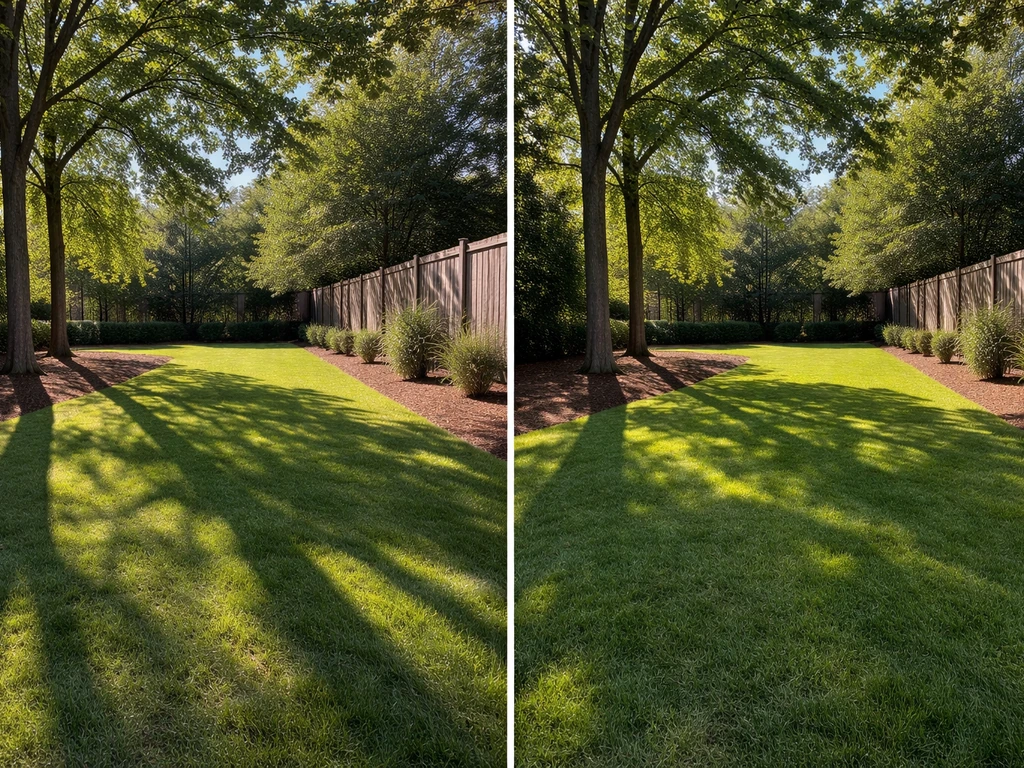 Residential yard showing long mid-morning and shorter mid-afternoon shadows from trees and a building.
