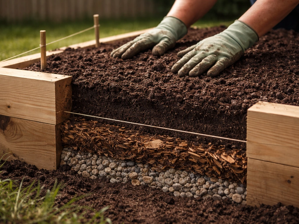 Gardening hands filling a new raised bed with compost-soil mix, showing gravel drainage layers underneath.