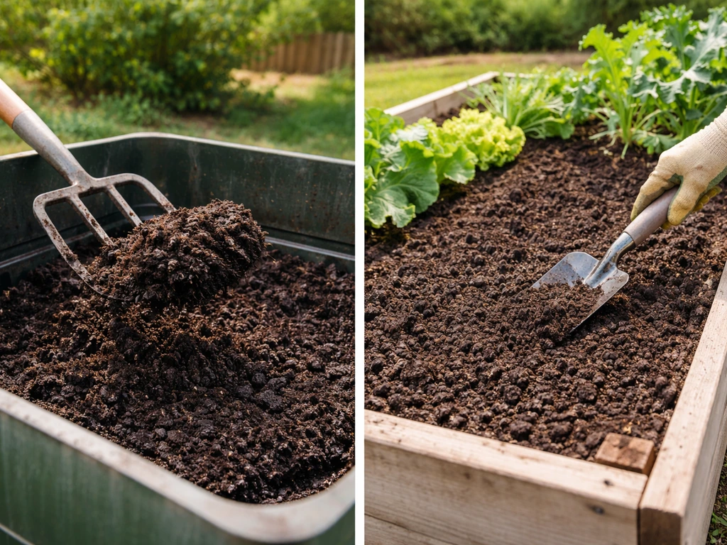 Split image of composted cow manure aging in a bin and finished compost added to a garden bed.