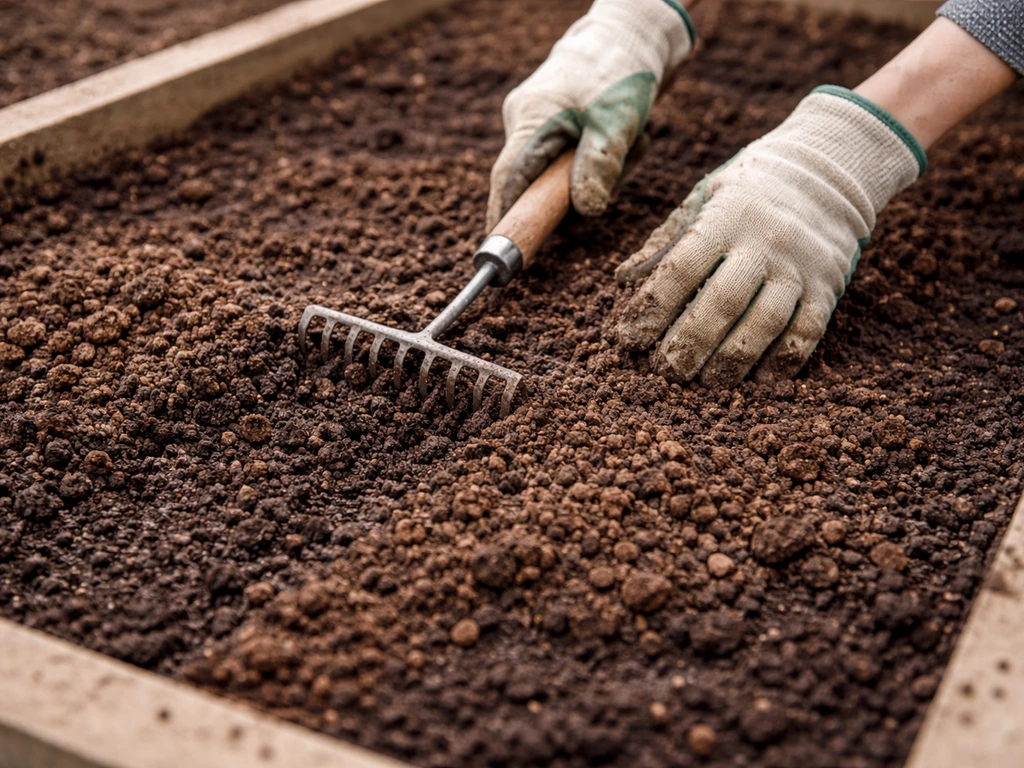 Composted cow manure being spread into a garden bed, showing crumbly soil texture and even coverage.