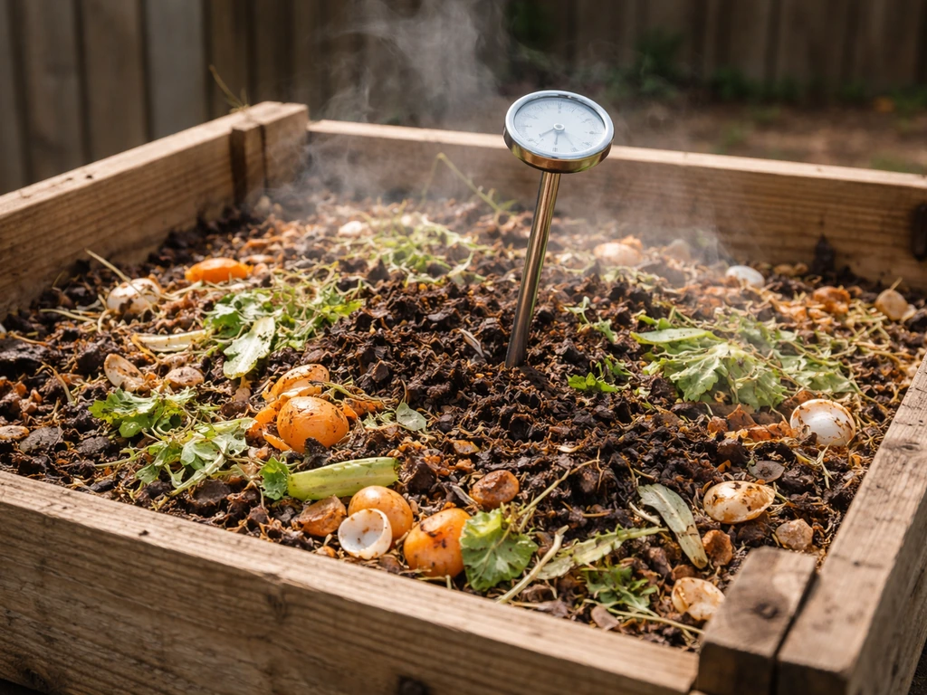 Steaming compost pile in a wooden bin with a thermometer probe inserted, suggesting safe composting heat.