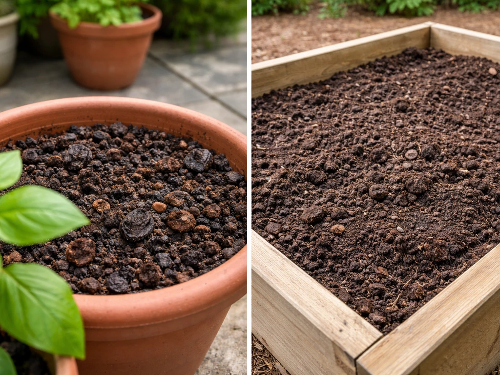 Split view of composted manure in a planter versus amended soil in a garden bed.