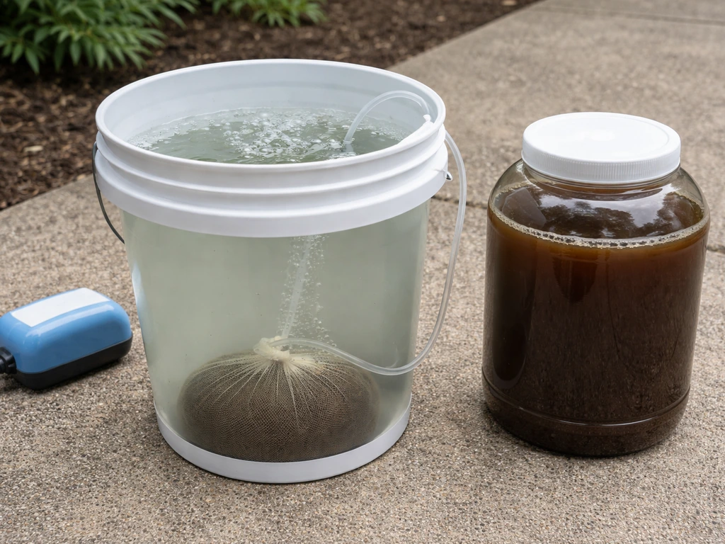 Bucket of aerated manure tea with mesh bag and air pump tubing, plus a separate clean container nearby.