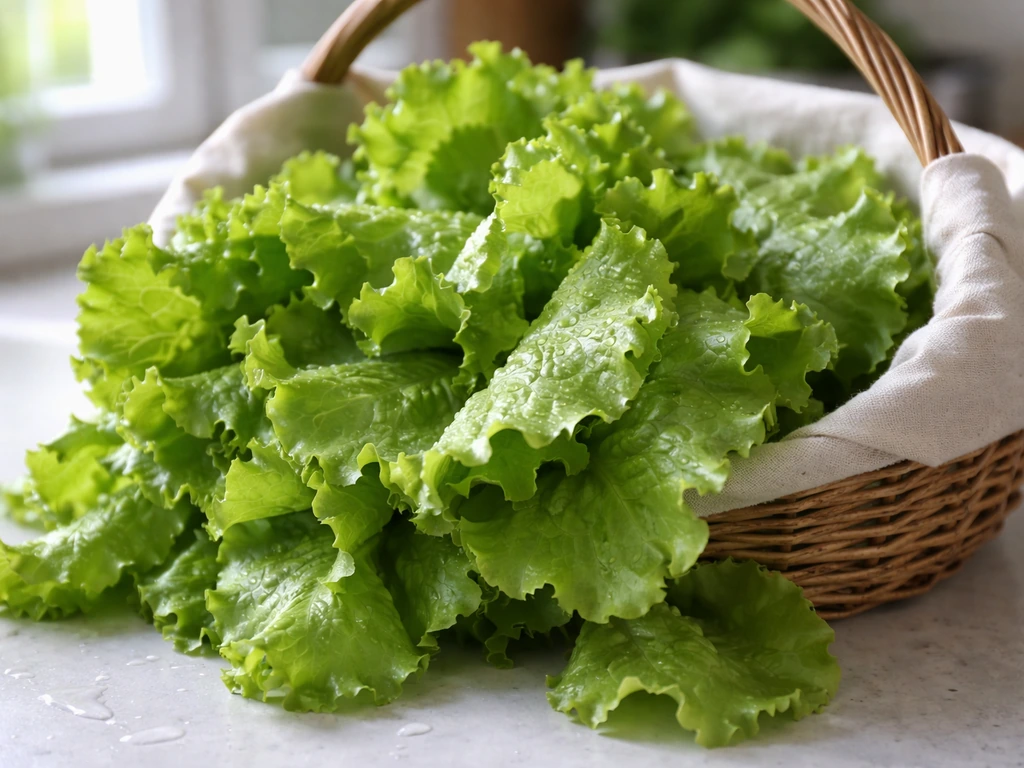 Fresh looseleaf lettuce leaves with dew in a simple harvest basket, ready to eat.