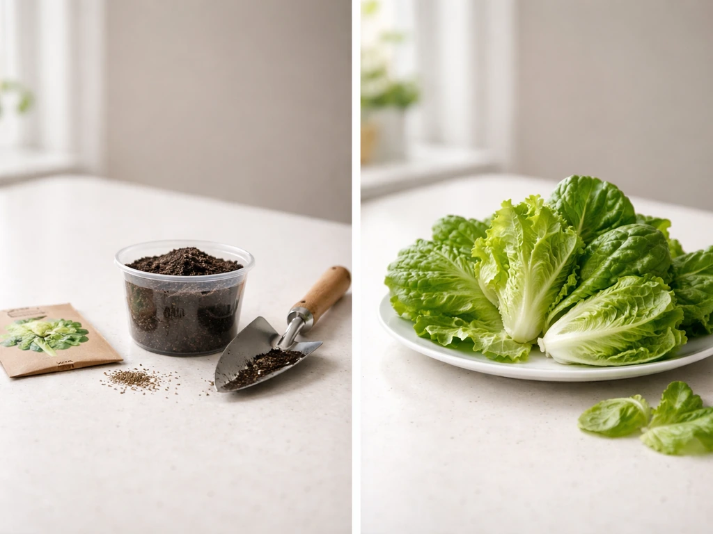 Tabletop split scene: seed packet and potting mix on one side, fresh lettuce on a plate on the other.