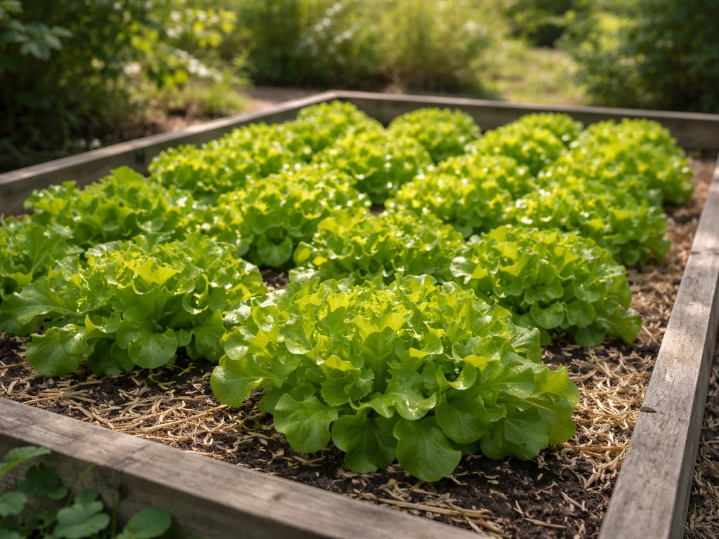 Fresh lettuce thriving in a cool-season garden bed with dappled sunlight and partial shade.