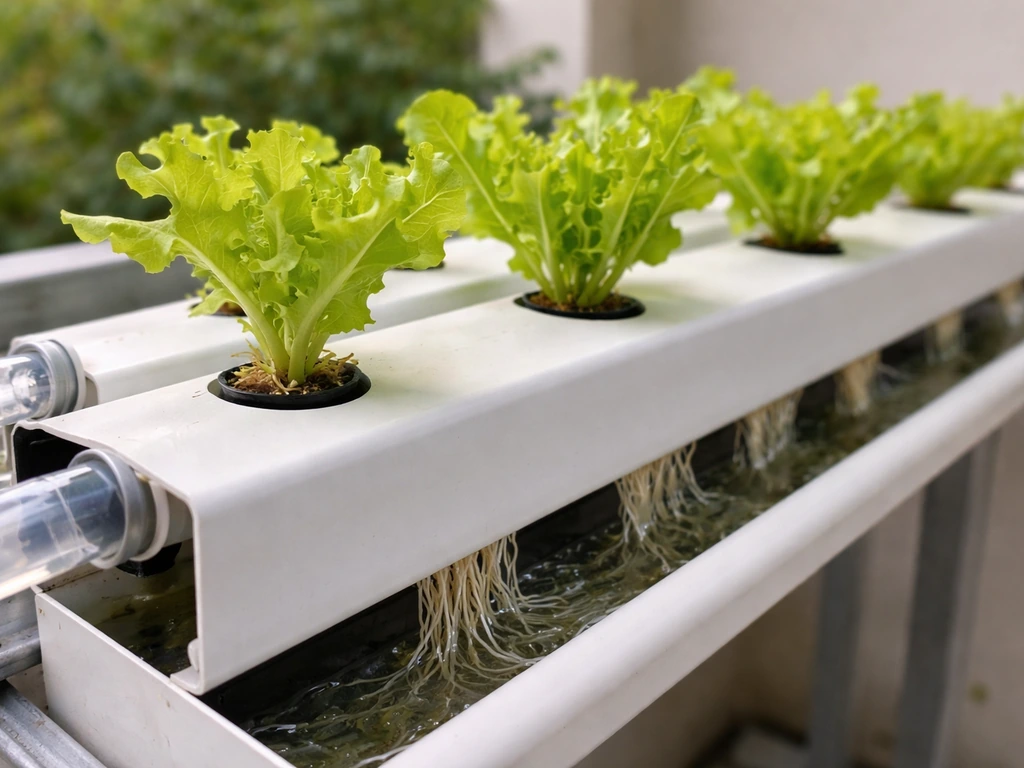 Close-up of a simple NFT hydroponic lettuce setup with young plants and roots in clear nutrient flow.