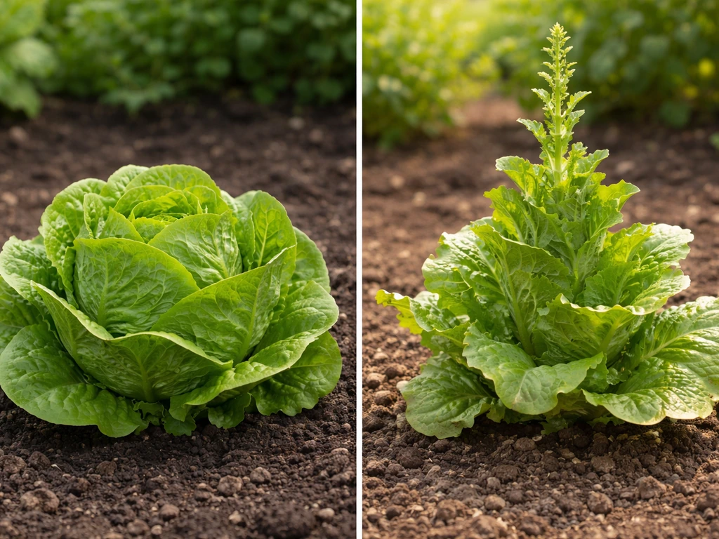 Split scene: compact lettuce leaves vs lettuce with a tall flower stalk bolting in warm light