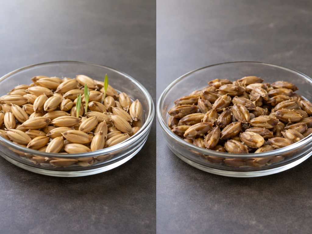 Side-by-side closeup of oat kernels: some sprouting with tiny seedlings, others failed and rotting.