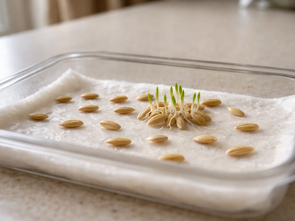 Moist paper towel with counted oat kernels, a few sprouting near the edge in a simple home germination test.
