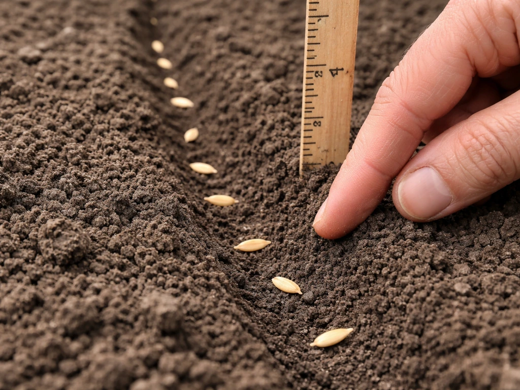 Closeup of oat seeds placed in a shallow furrow about 0.5–1 inch deep with a depth gauge beside it.