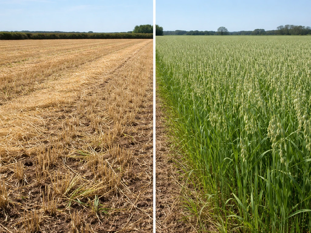 Split farm field showing harvested oat stubble on the left and lush cover-crop oats ready to till on the right.