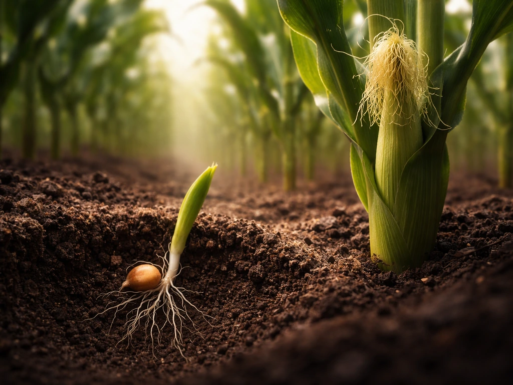 Close-up progression from corn seeds in dark soil to forming corn ear in warm sunlight.