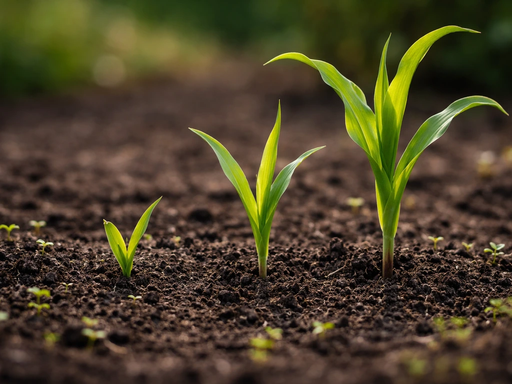 Three close-up corn plants showing early growth stages from ground level in a simple garden bed.