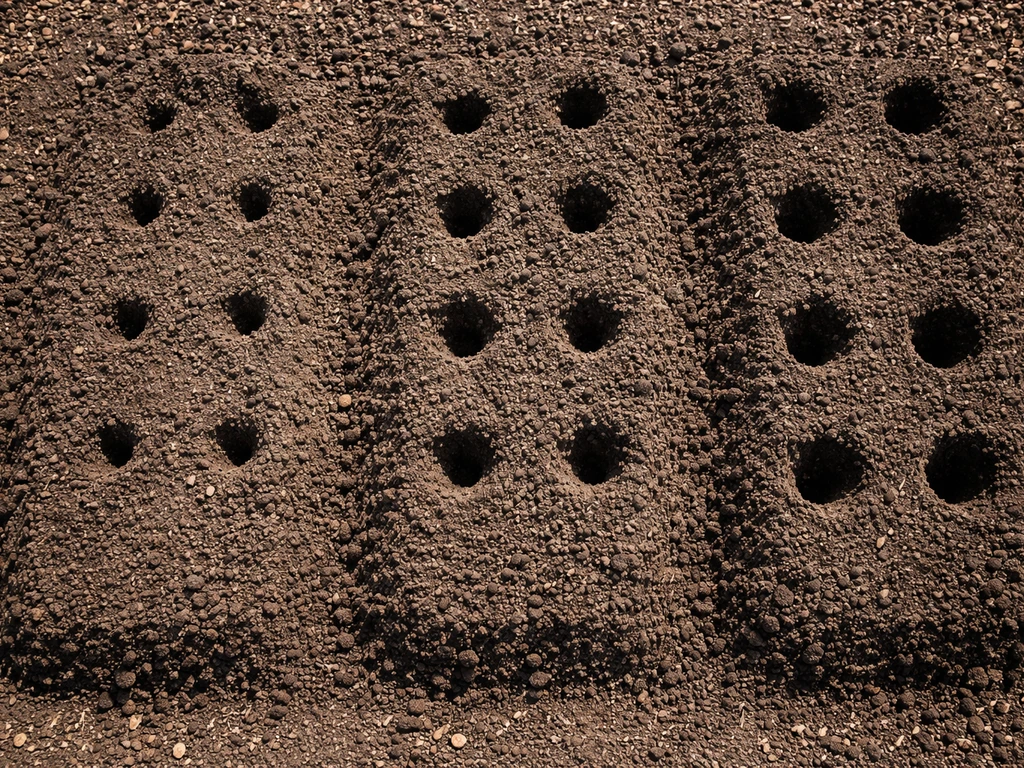 Top-down view of soil planting blocks showing shallow, medium, and deep seed holes with spacing gaps.