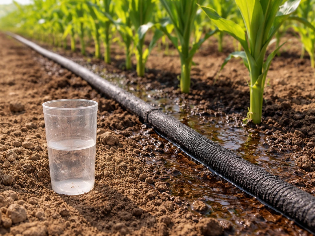 Soaker hose watering young corn rows, with a rain gauge measuring cup in the foreground