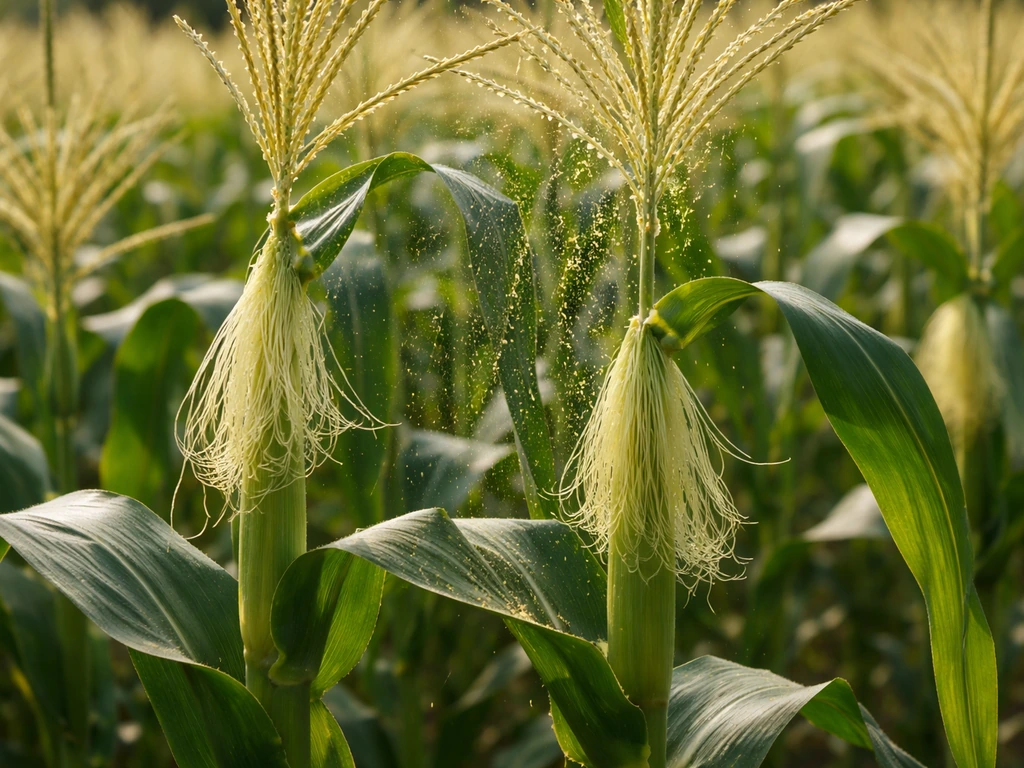 Close-up of corn tassels releasing pollen onto receptive silks in a small, sunlit field.
