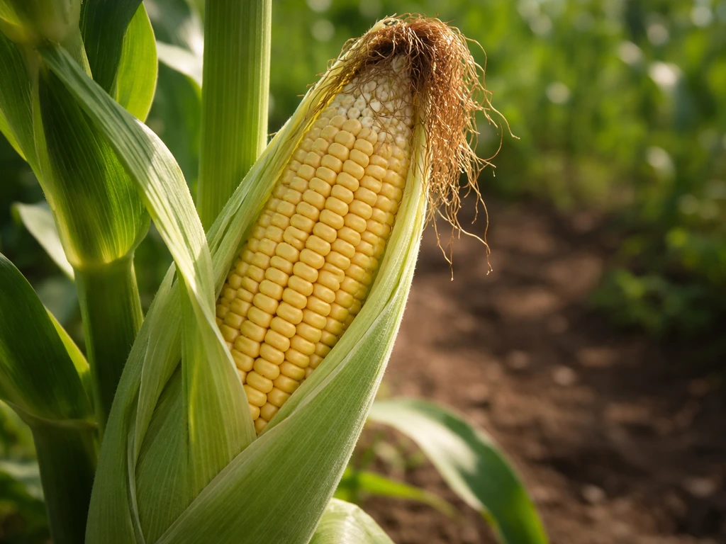 Close-up of an ear of sweet corn in a field with husk partially peeled and browning silks