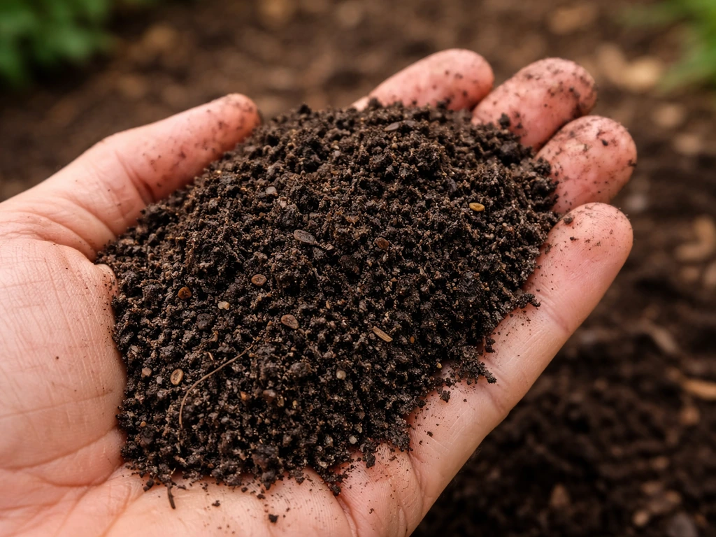 Dark, mature compost texture held in a gardener’s hand, showing pure compost as the growing medium.