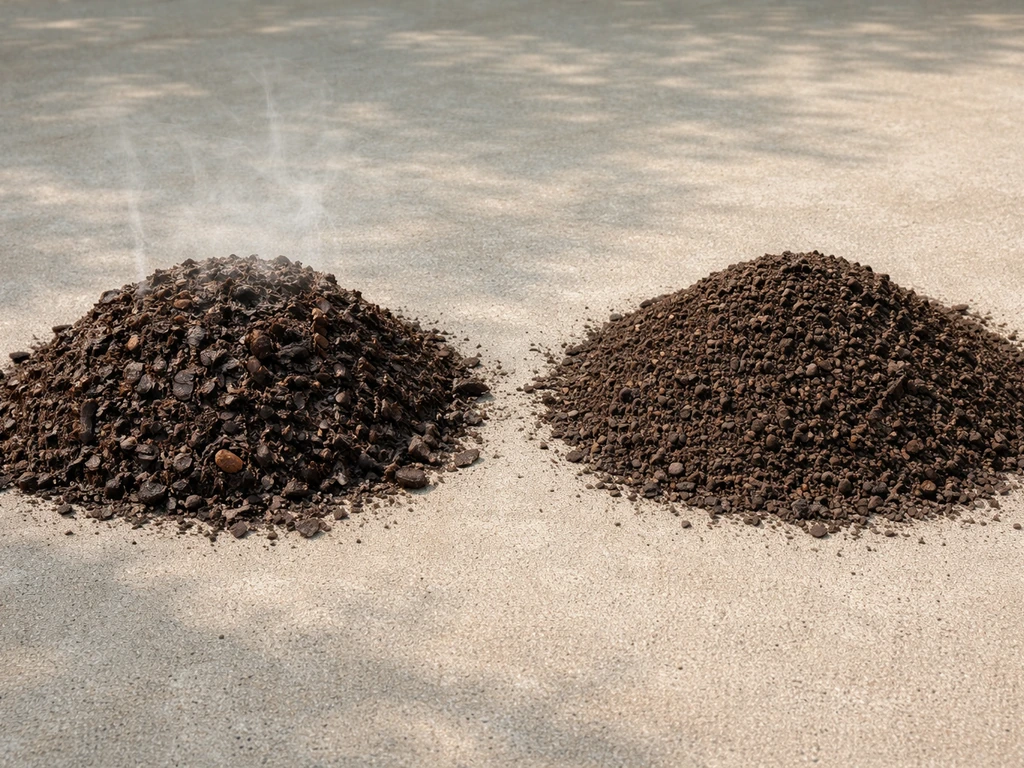 Split view: left hot compost with faint steam and dark clumps; right cured compost cool, crumbly, uniform.