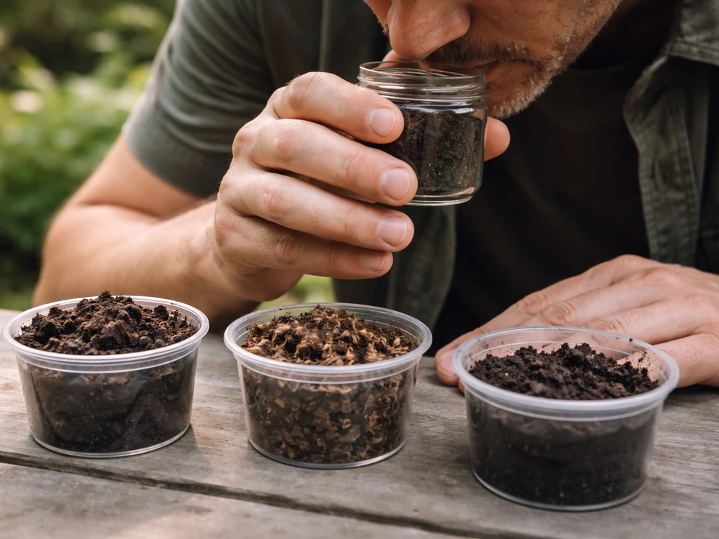 Gardener holds a jar and sniffs compost samples in small containers, checking if they smell earthy or sour.