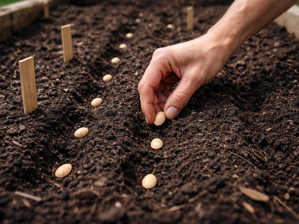 Gardener’s hand placing seeds into small holes in a dark compost-only garden bed with simple markers.
