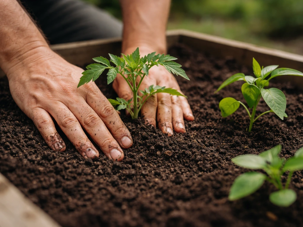 Tomato and pepper seedlings being transplanted into compost-filled raised bed with firm soil contact.