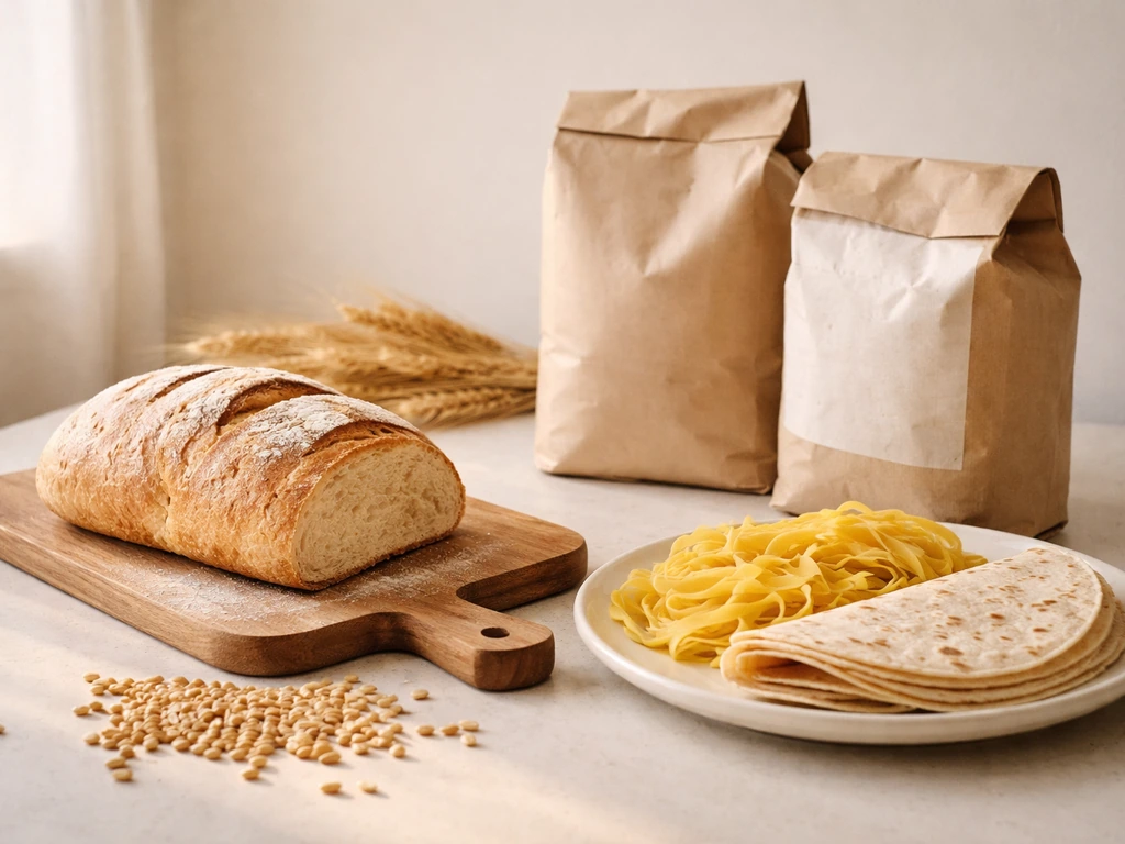 Minimal tabletop with bread loaf, pasta, and tortillas beside flour bags and wheat kernels