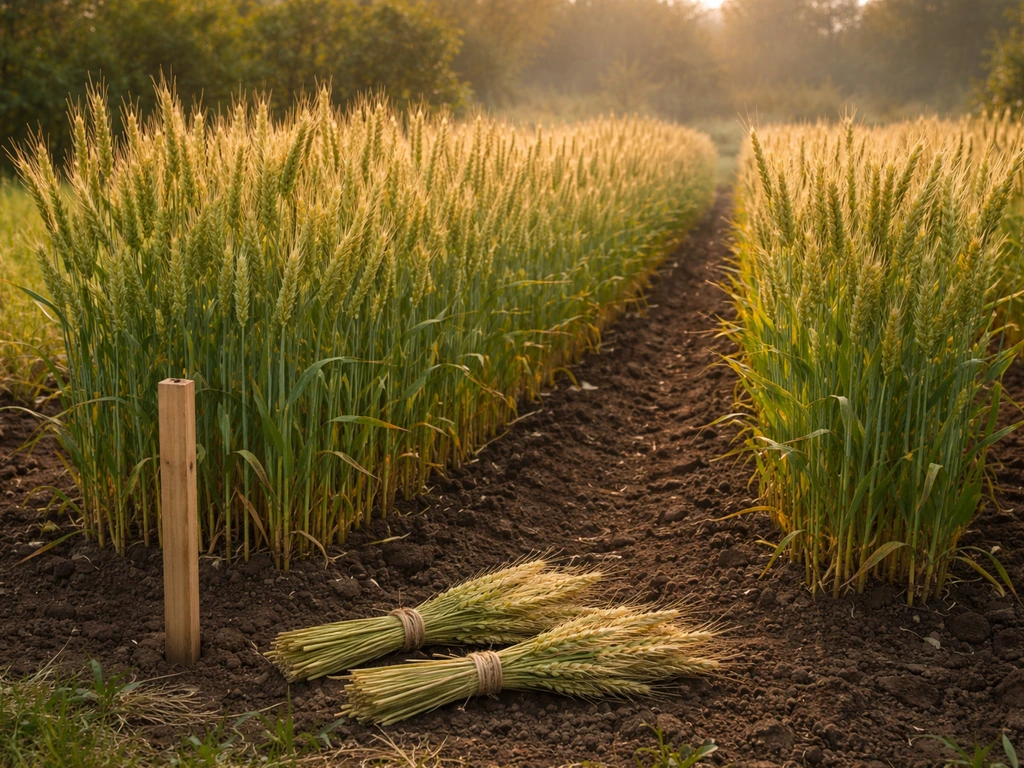Close-up photo of neat wheat rows in a small garden plot with measuring stake for scale.