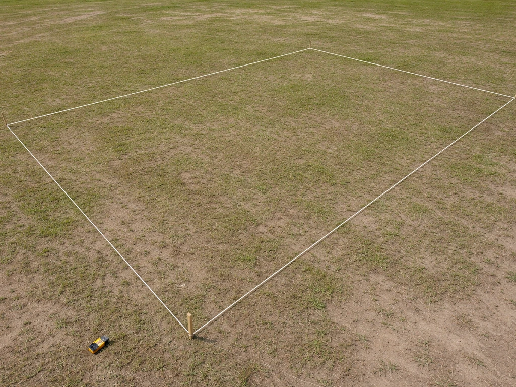 Overhead view of a rope-outlined rectangular plot sized to about 0.4 acres on bare soil and grass.