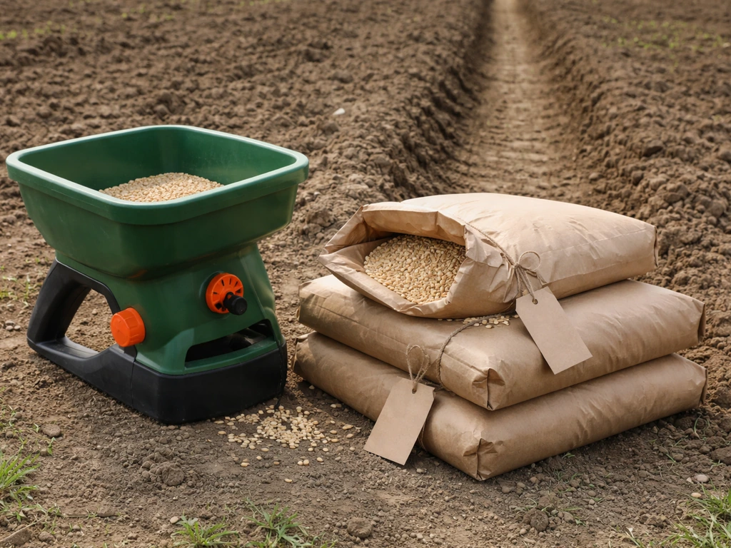 Close-up of a handheld seed spreader and seed bags on a farm row with soft daylight