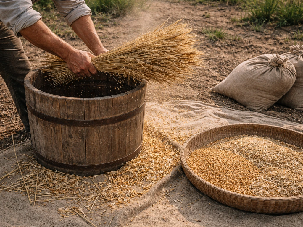 Hands thresh wheat sheaves on a barrel over a tarp; nearby winnowing tray holds separated grain and chaff.